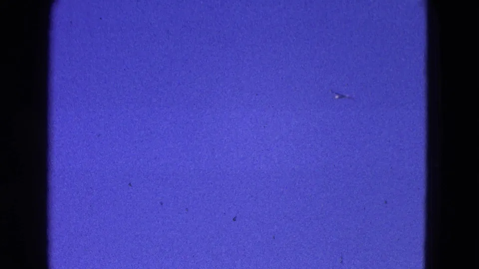 1964 Washington, DC 8mm frame of blue sky with physical film borders, grain, dust, and faint specks that may include a distant bird.