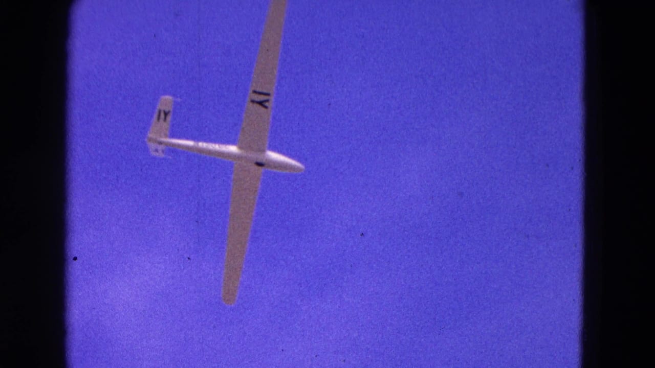 White glider angled across blue sky with wing and tail markings visible.