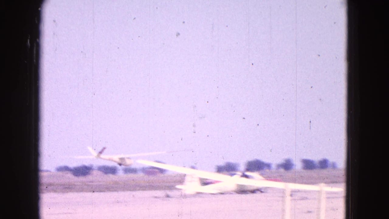 White glider seen from the side at a rural airfield, with its long wings stretched across the frame and a low tree line beyond.