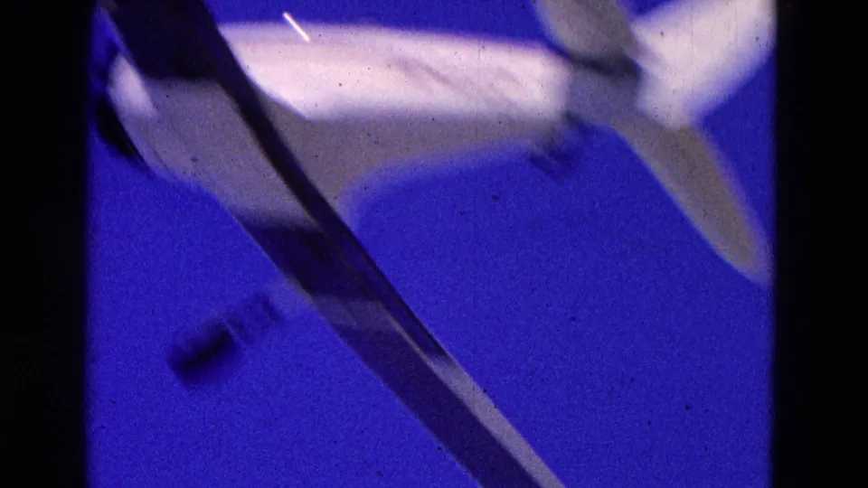 1964 home-movie frame of a small propeller airplane passing overhead, with tail, wing, and underside softened by motion blur.
