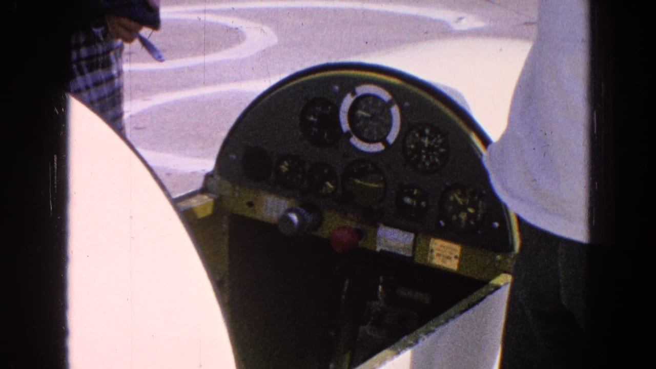 Close view of a light aircraft cockpit with round gauges and a red control knob.