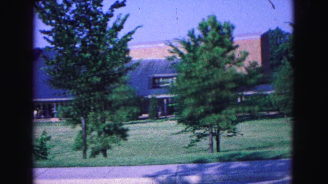 Low building behind trees and lawn beside a paved road.