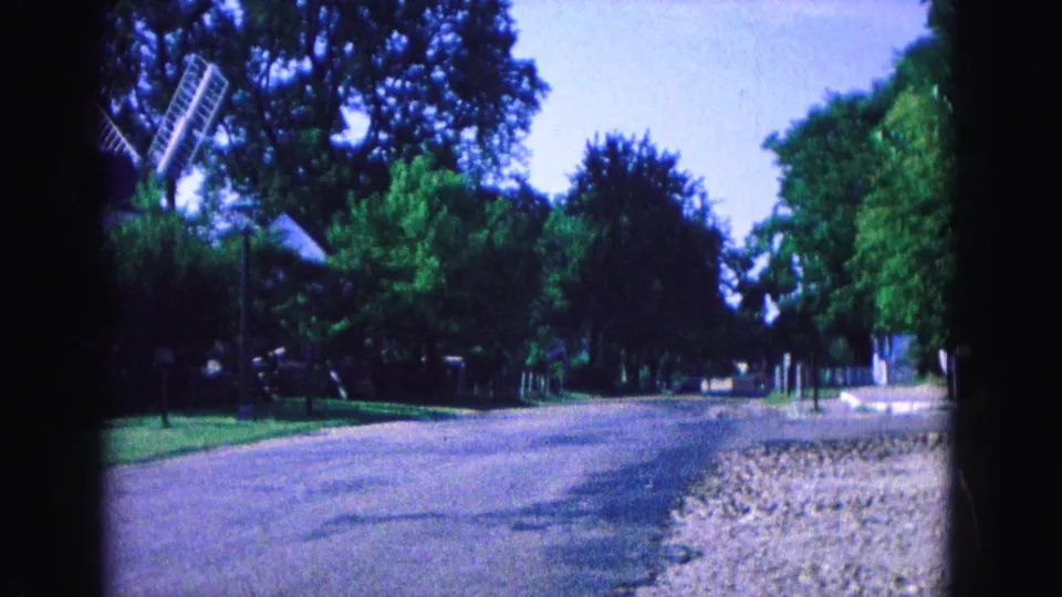 Williamsburg street view from 1964 with a windmill partly visible at left, mature trees, pavement, and a pale stone border along the roadside.