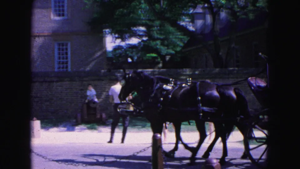 A horse-drawn carriage moves through the Williamsburg historic district near a stone wall, trees, and several visible people.