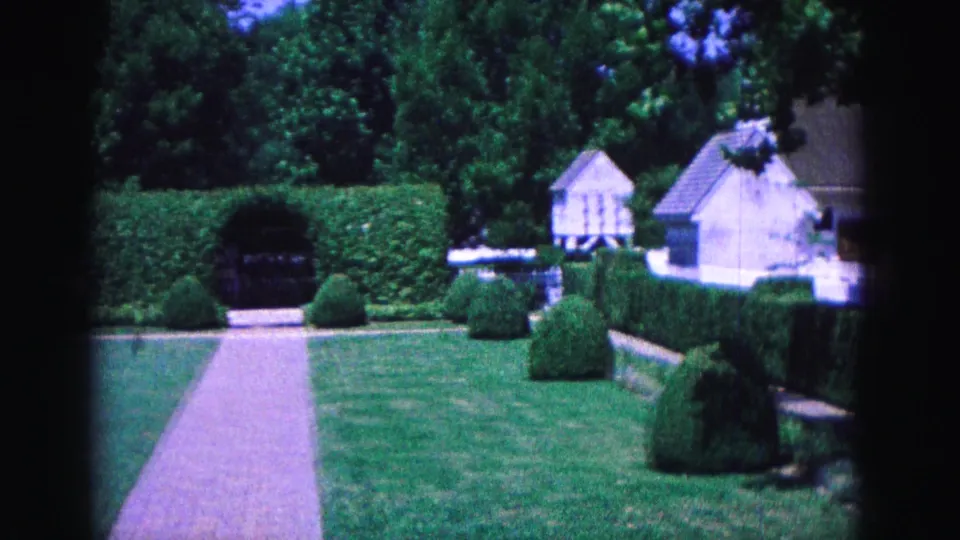 A brick or stone path runs through a formal Williamsburg garden with clipped shrubs, hedges, and small white buildings.