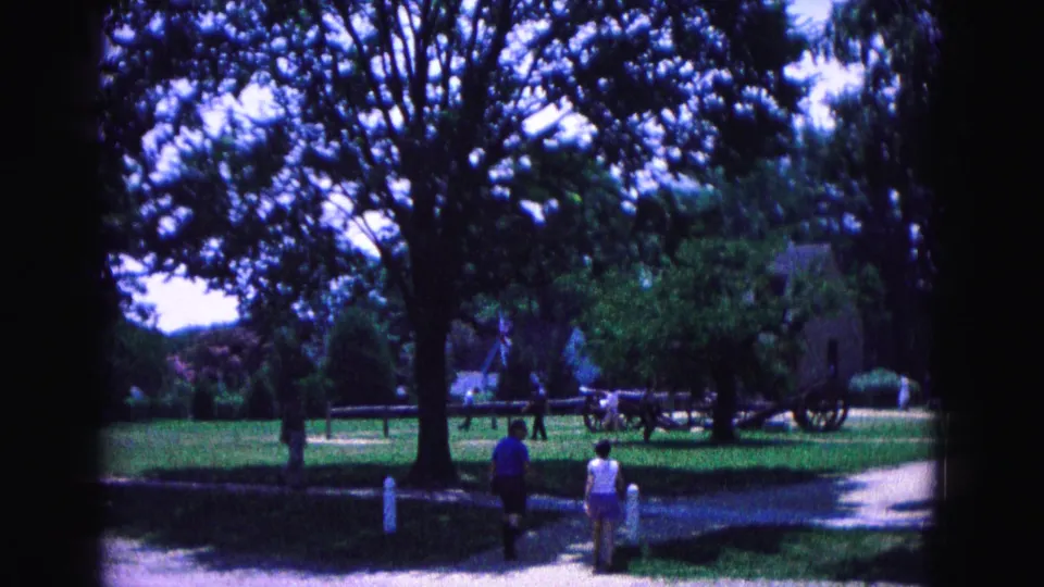 Wide 1964 Williamsburg park view with large shade trees, open grass, visitors walking, a pale road, and historic cannons in the background.