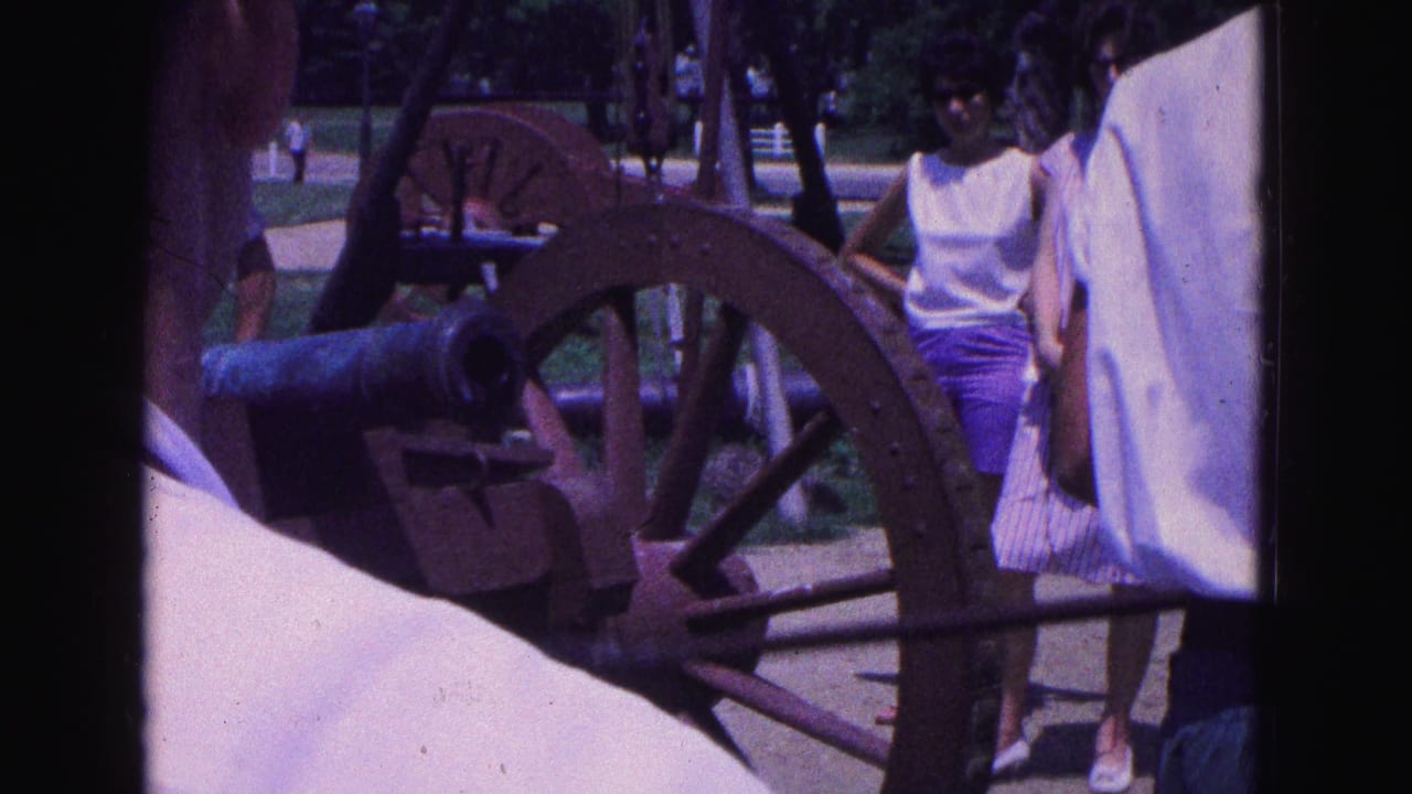 A woman in a white top and purple shorts stands beside an old cannon outdoors.