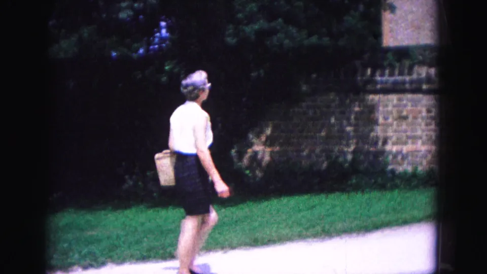 In 1964 Williamsburg, Virginia, a woman with a basket walks along a sunny sidewalk beside a brick wall and greenery.
