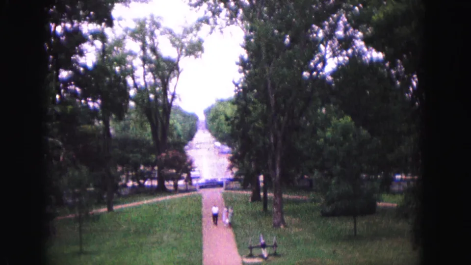 A Williamsburg 1964 visitor view looks down a long path through lawns and trees, with several people walking in the grounds.