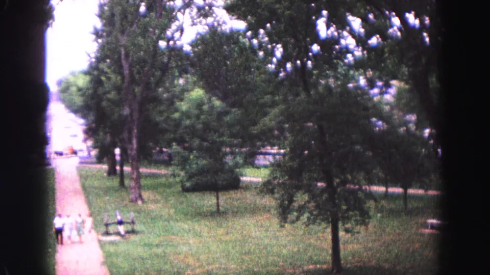 Williamsburg, Virginia, 1964 home-movie view of a tree-lined park path with benches and distant people walking along the lane.
