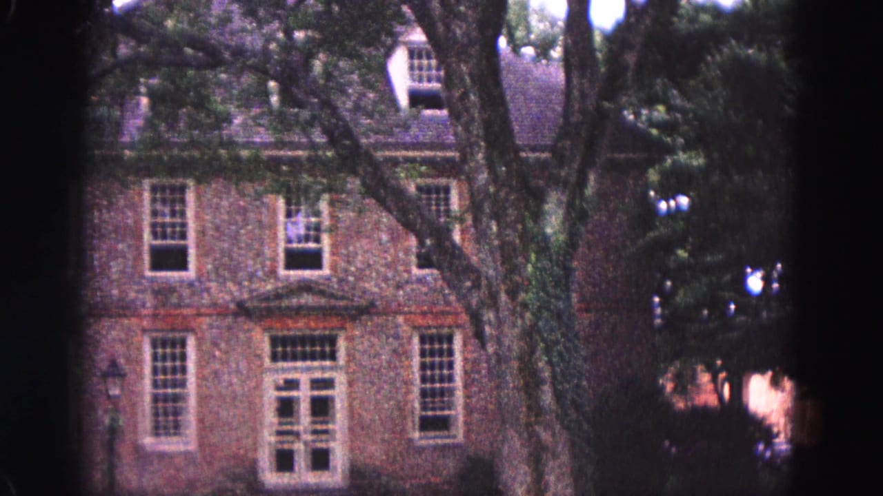 1964 Williamsburg, Virginia frame of a brick facade with white windows and a central door, partially blocked by tree trunks and dark film-edge shadow.
