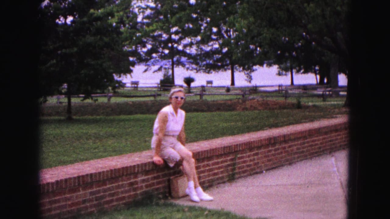 Woman sits on a brick wall with a park lawn, trees, and fence behind her.