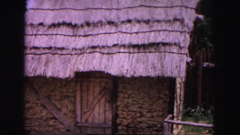 Visitor-shot 1964 Williamsburg view of a rustic facade with thatch, plank door, timber braces, and rough earthen or stone walling.