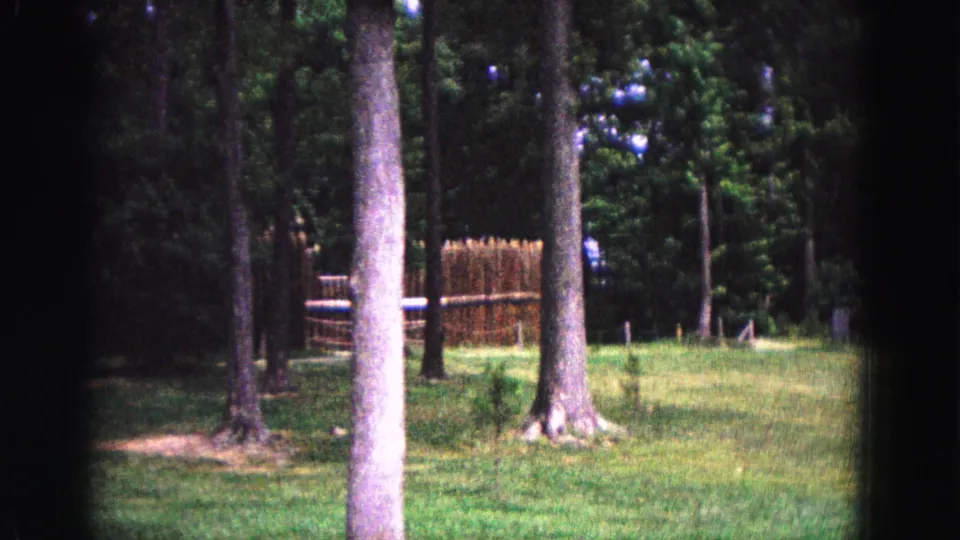 1964 Williamsburg frame showing a shaded lawn, tree trunks, wooden fencing, rustic rails, and small distant visitors near the right edge.