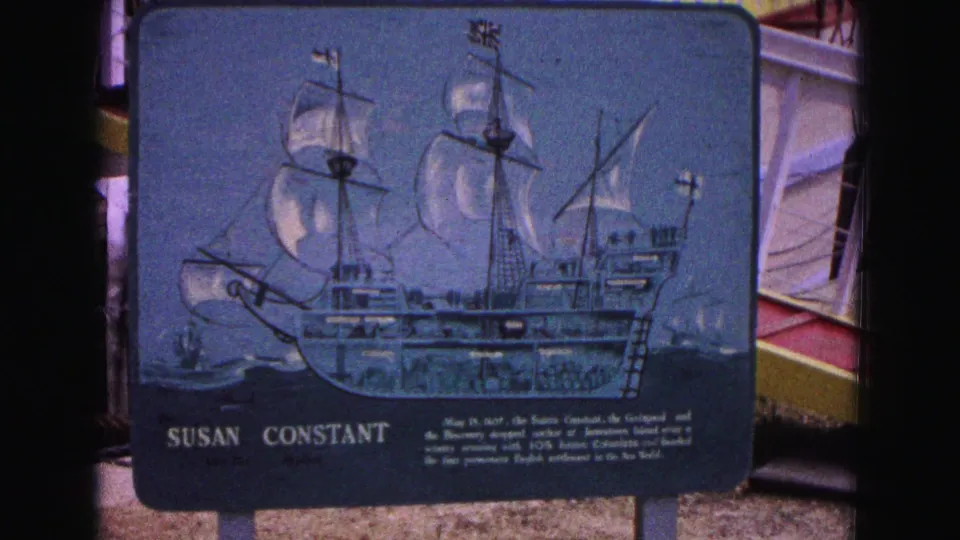 A visitor sign for the Susan Constant shows an illustrated tall ship and explanatory text in the 1964 Williamsburg travel footage.