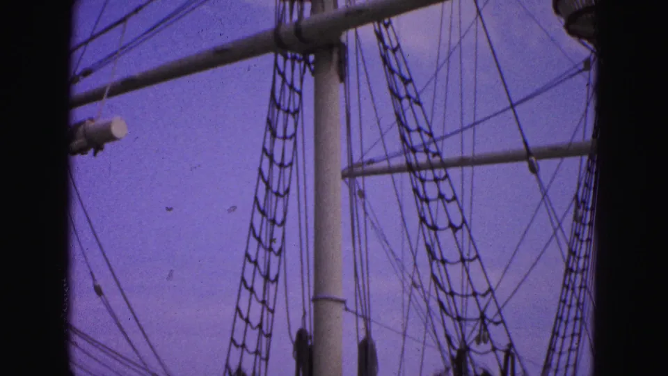 Historic ship rigging and mast sections at Williamsburg, Virginia, seen in a handheld 1964 8mm visitor shot.