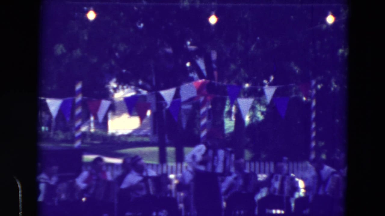 Outdoor accordion performance with bunting, bulbs, trees, and spectators.