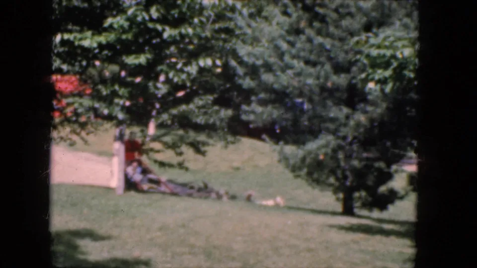 The sled team continues through the Concord yard, partly obscured by trees and shot from a distant home-movie viewpoint.