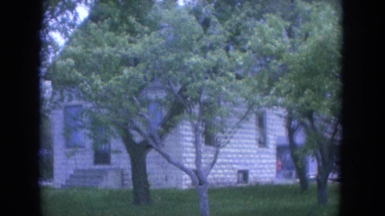 Stone house exterior partly screened by trees and lawn.