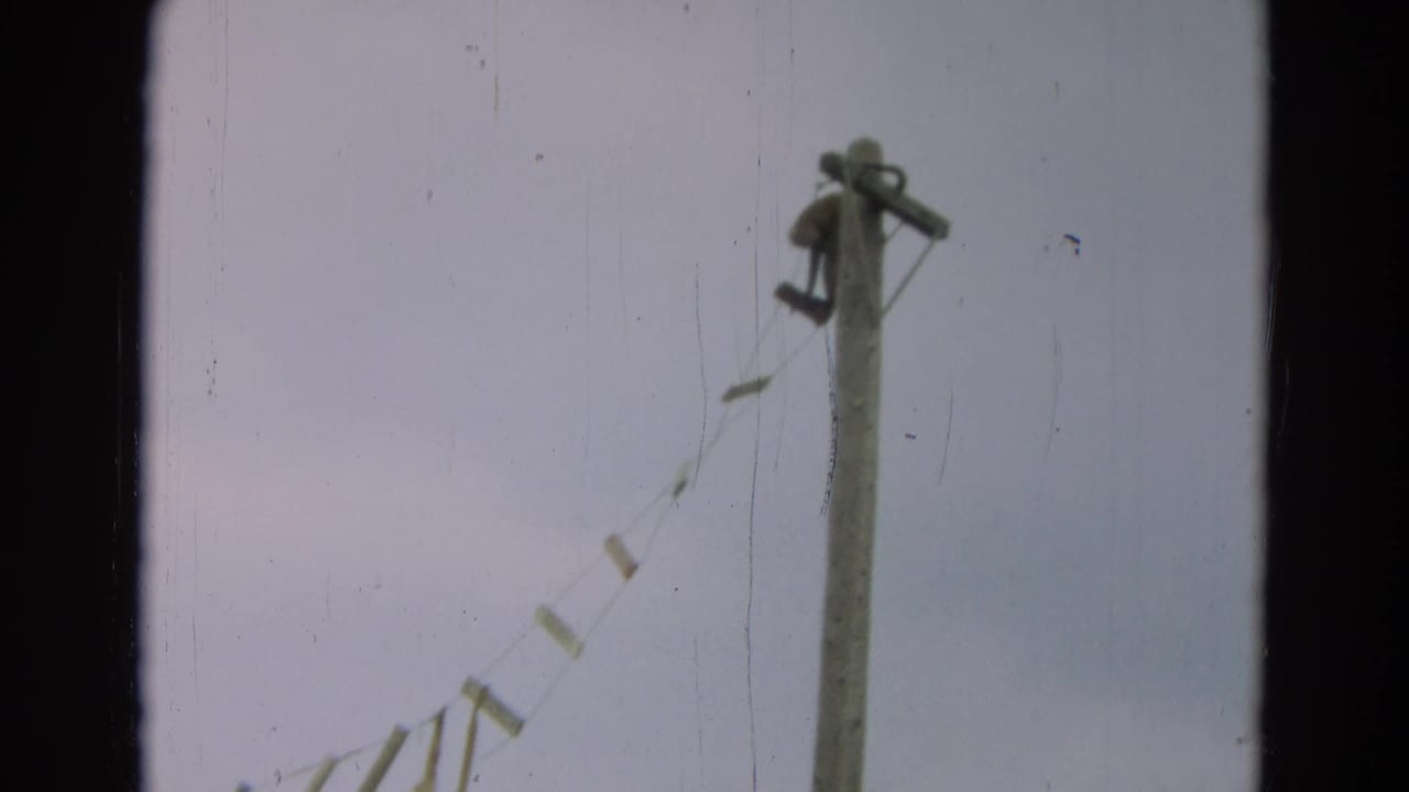 Wooden utility pole against a pale sky with a hanging line crossing the frame.