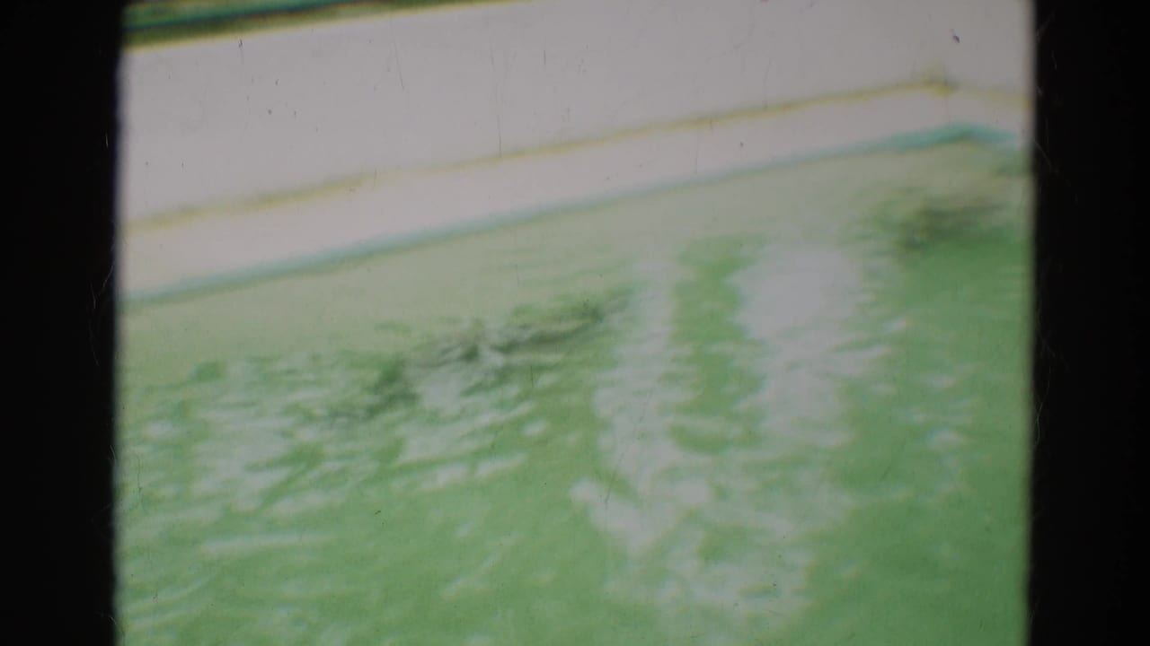 Green pool water ripples beside white walls and a railing above.