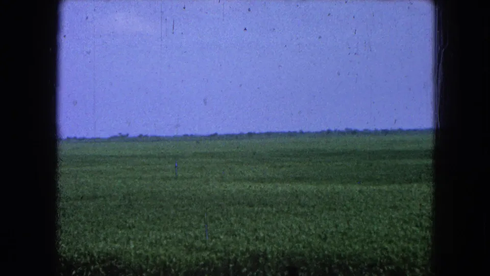 1965 8mm frame showing a wide green agricultural field in Pueblo, Mexico, with a pale sky and soft film grain.
