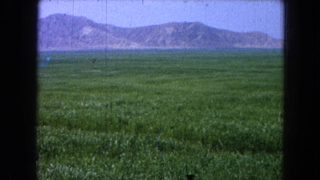 Wide 1965 8mm landscape frame showing green open ground and a mountain ridge at the recorded Pueblo, Mexico location.