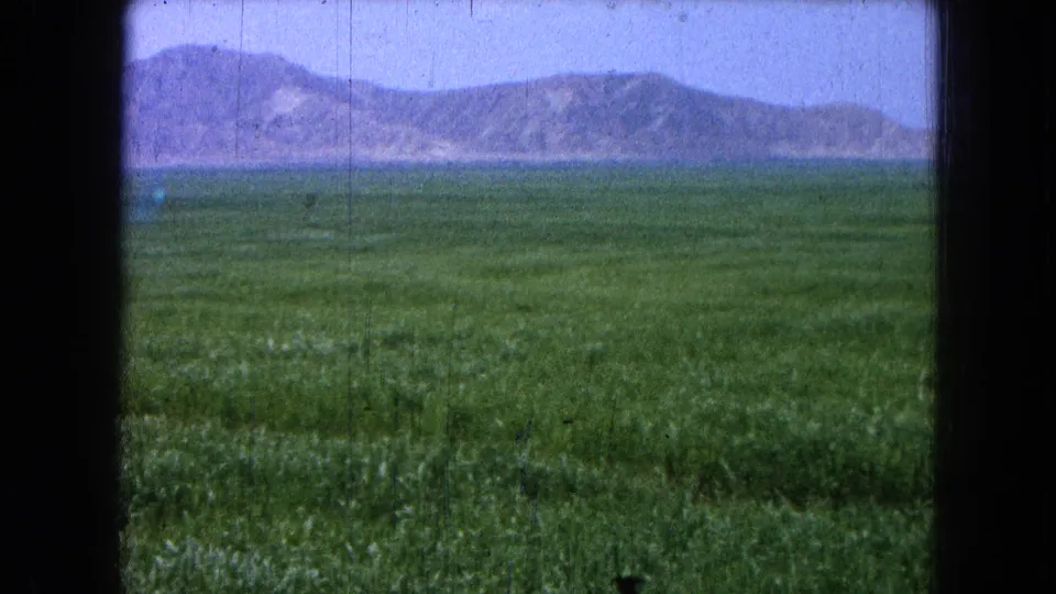 Wide 1965 8mm landscape frame showing green open ground and a mountain ridge at the recorded Pueblo, Mexico location.