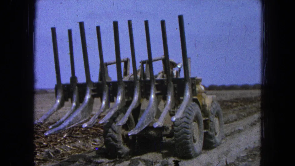 From a rear or three-quarter angle, the loader's tall metal tines fill the frame while the operator sits partly obscured on the machine.