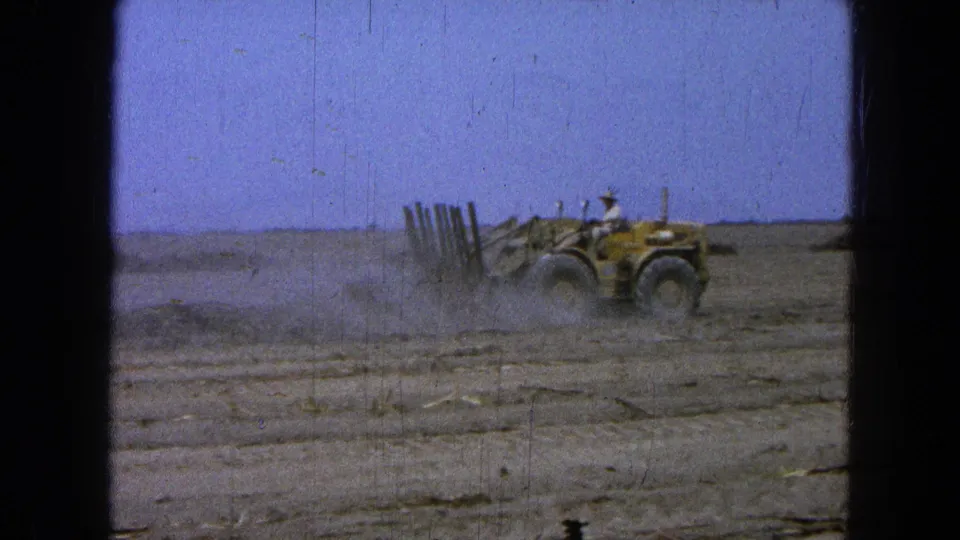 The final frame shows the tractor working the dusty field in 1965 Pueblo, Mexico, with the operator still visible.