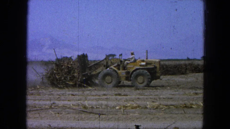 1965 Pueblo Mexico home-movie frame of a driver operating a yellow loader during dry-field clearing work.