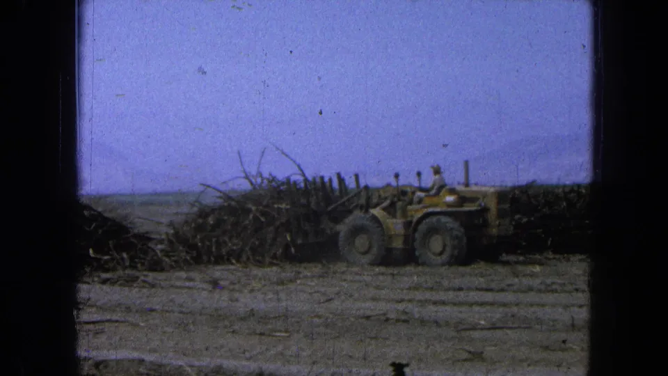 The final frame places the yellow harvester to the right, with dry crop piles, dust, and distant mountains in the 1965 Pueblo, Mexico scene.