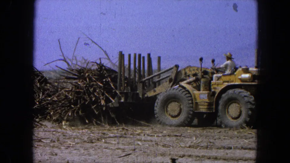 1965 Pueblo, Mexico 8mm frame showing a worker driving a yellow front-end loader next to stacked cut lumber under a blue sky.