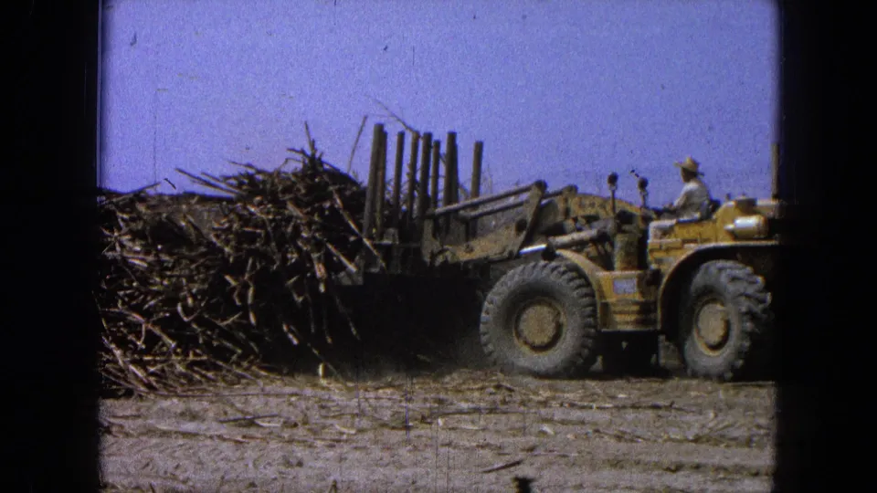 A 1960s home-movie frame shows the loader working close to the wood pile, with the operator seated at the controls.