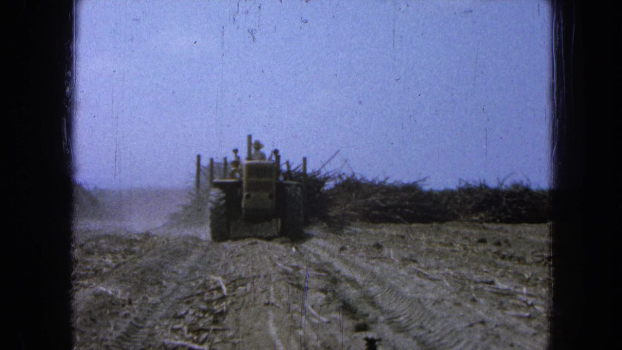 Rear view of a tractor hauling crop material along a dusty field path.