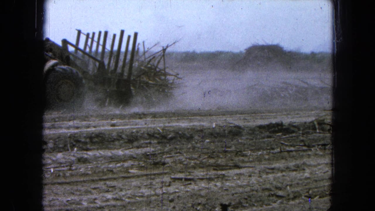 Tractor pulling a large plow through a dusty dry field.