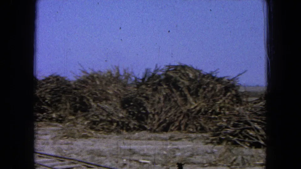 1965 8mm frame showing piled harvested stalks in a rural Pueblo, Mexico landscape with soft grain and visible film border.