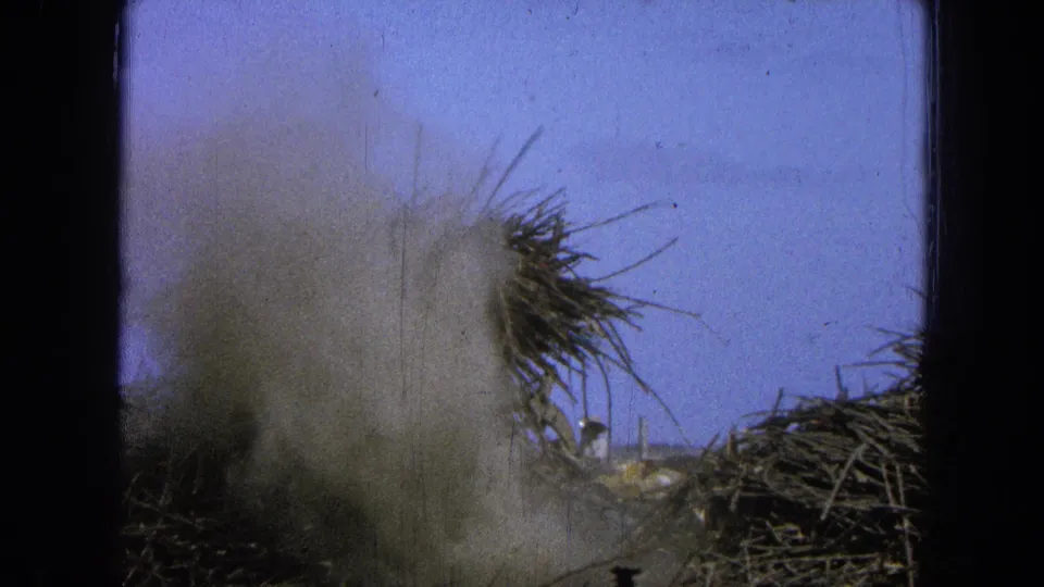 A pale dust plume spreads across dry brush in the 1965 Pueblo Mexico home-movie frame, with visible 8mm frame borders.