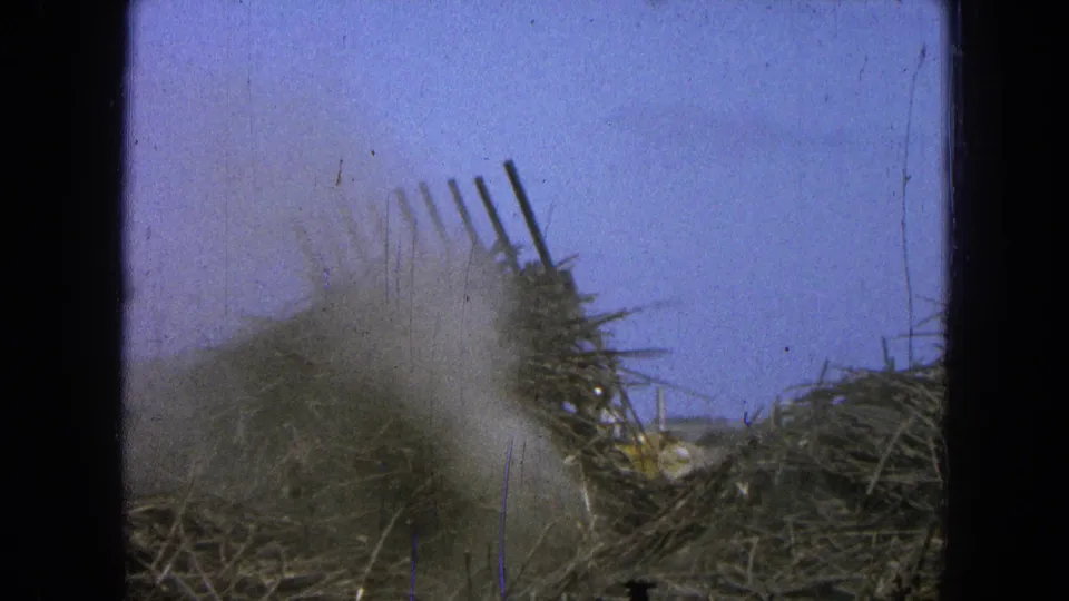 1965 Pueblo, Mexico 8mm frame showing dust drifting over piled brush and debris in a rural outdoor work area.