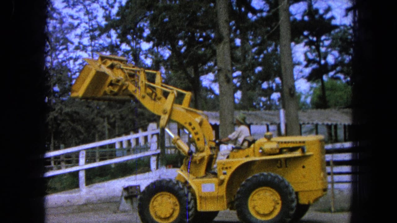 Yellow front-end loader beside a white fence in a tree-lined dirt yard.