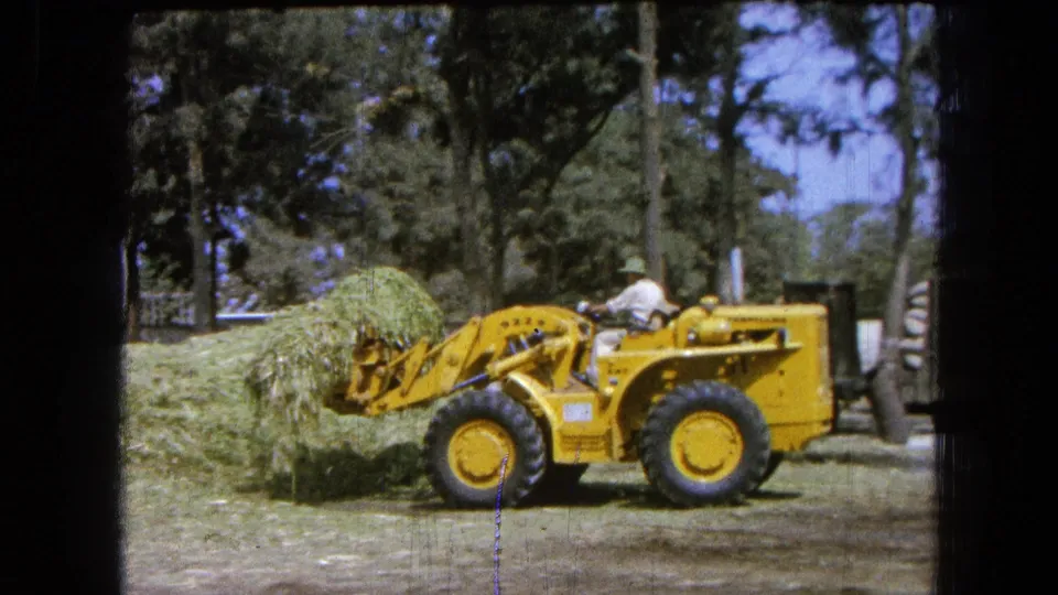 The yellow front-end loader pushes its bucket into green hay in a tree-lined rural yard, consistent with the 1965 Pueblo, Mexico clip metadata.