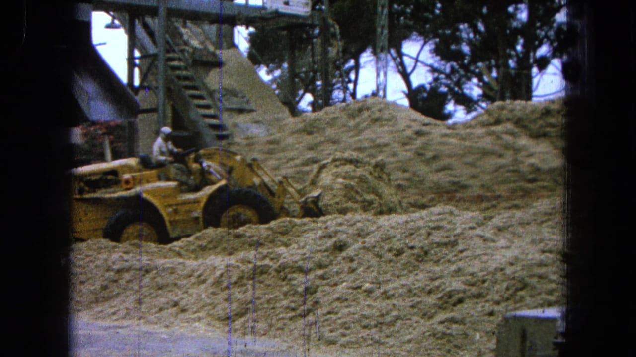 Worker drives a yellow loader into a large mound of light material.