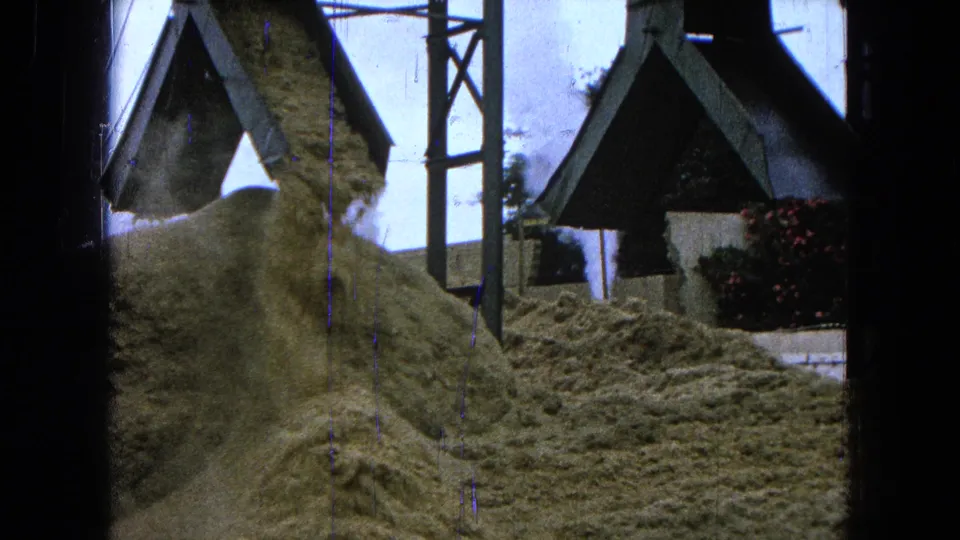 Final 1965 Pueblo, Mexico frame showing sawdust cascading onto the pile, with sawmill chute housings and metal supports visible.