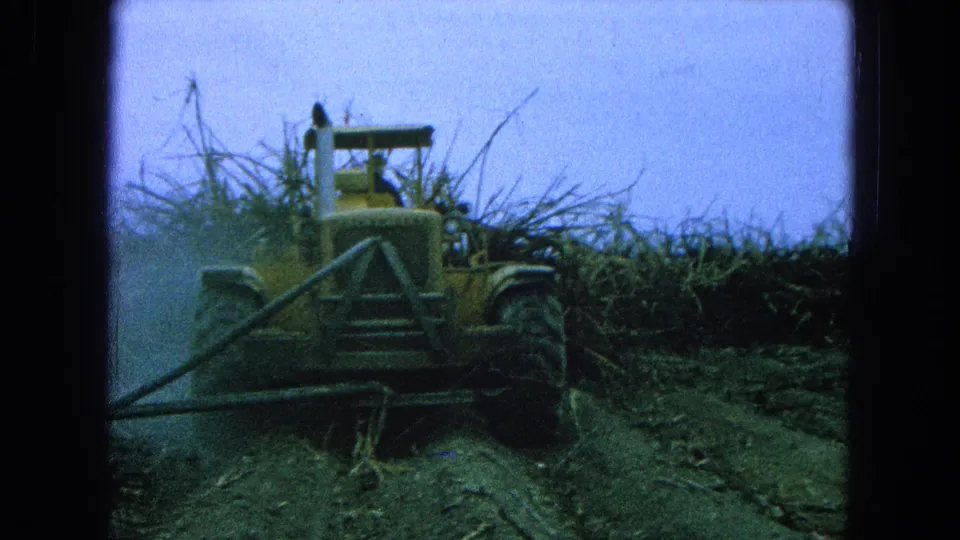 A yellow farm machine with a seated operator appears on a dirt track next to tall crops in 1965 Pueblo, Mexico footage.