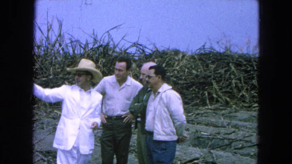 Four adult men in a Pueblo, Mexico crop field in 1965 watch as the man in a white suit and straw hat points outward.