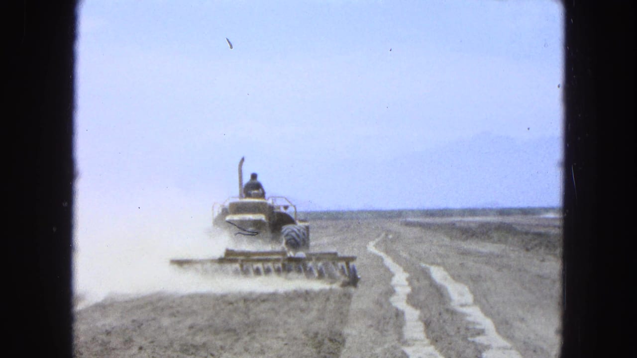 Tractor pulling a disc harrow across a dry field while dust rises behind it.