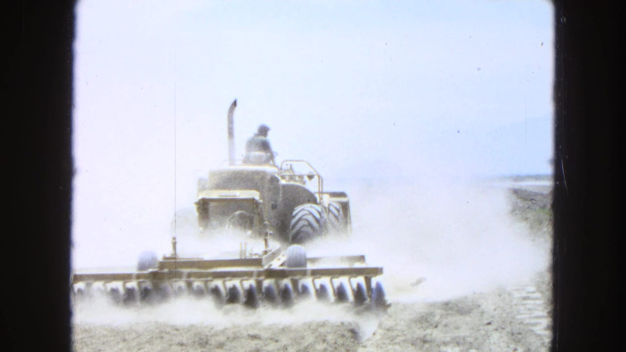 Tractor with a disc harrow raising dust in a dry field.
