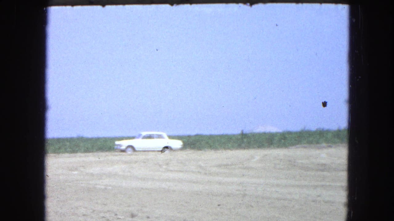 White sedan parked on a dirt field beside tall green crops under a pale sky.