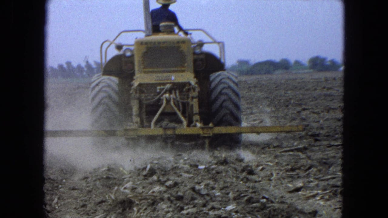 Rear view of a yellow tractor kicking up dust in a barren field.
