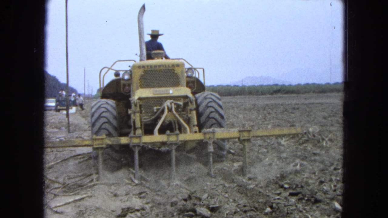Yellow tractor tills dry soil in a broad field with a worker seated high on the machine.